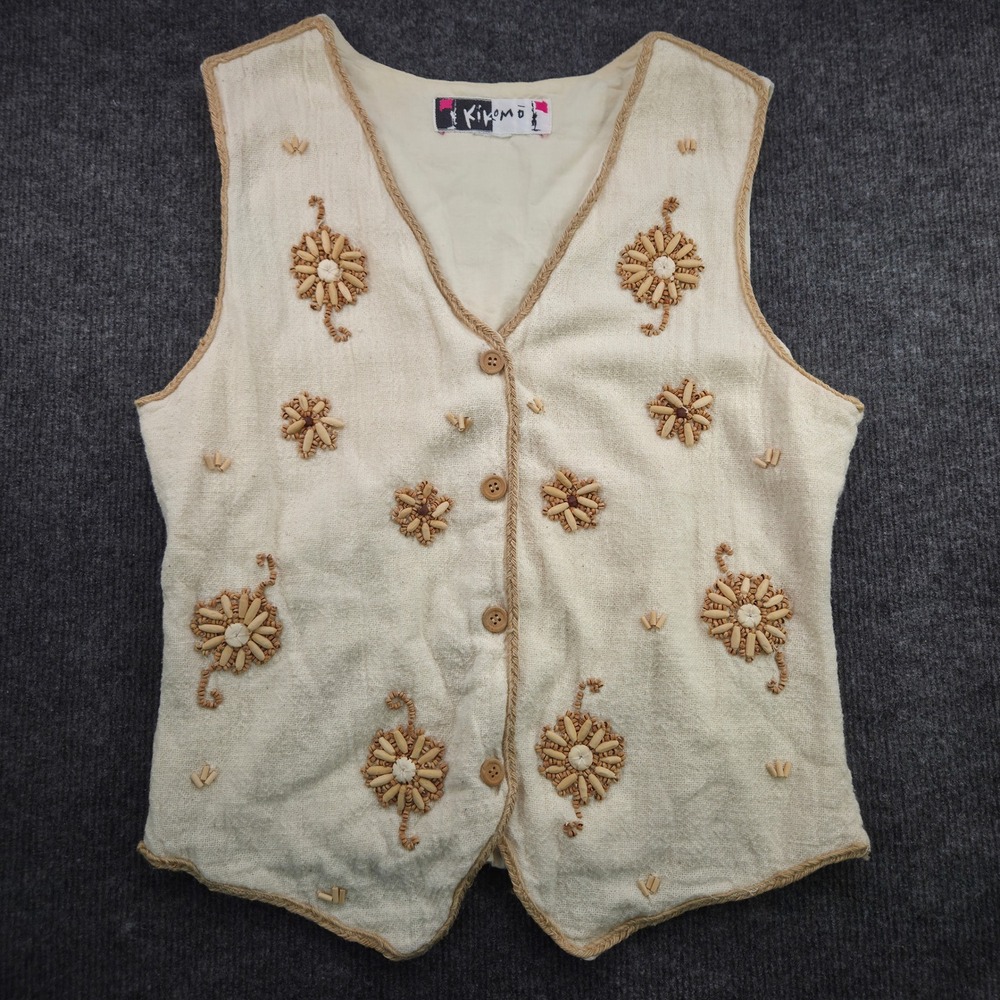 Kikomo Vest Womens Ivory Cotton Boho Wood Bead Floral Cottagecore Sleeveless - Picture 2 of 6
